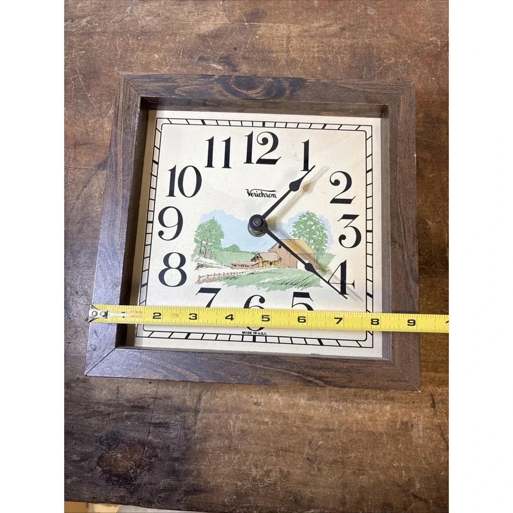 Vintage Verichron Wall Clock Faux Woodgrain Farmhouse Scene Battery Operated USA